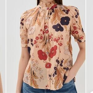 ALIX OF BOHEMIA Winnie Vintage Poppy Shirt XS Tan Blouse Puff Sleeve Designer
